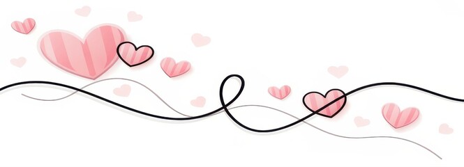 Seamless Continuous Pattern of Nubes Line Heart Shape Border with Realistic Paper Heart on White Background for Valentine's, Women's, Mother's Day Greeting Invitation Graphic Design