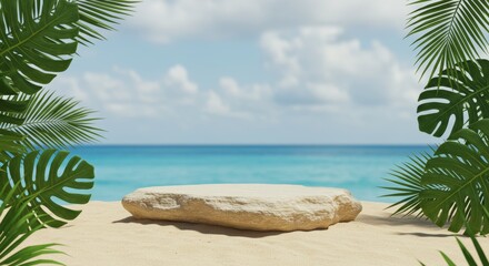 A close-up elegant natural stone podium on beach sand, with tropical big leaves on the sides and a sea and cloudy sky background for a premium product shooting scene.

