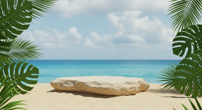 A close-up elegant natural stone podium on beach sand, with tropical big leaves on the sides and a sea and cloudy sky background for a premium product shooting scene.

