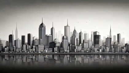 A simple outline of a city skyline in black and white with ample negative space