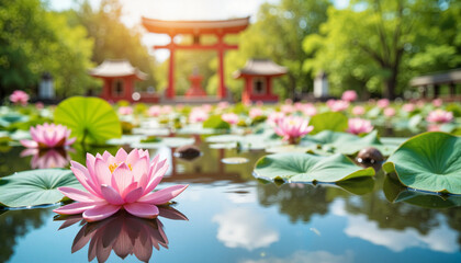 Lotus flowers floating in serene temple pond, peaceful offerings