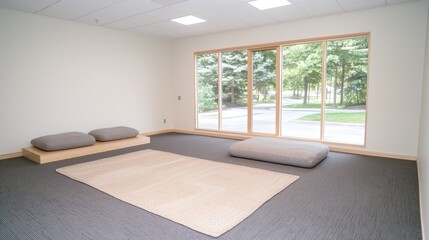Obraz premium Empty Meditation Room with Large Windows
