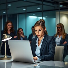 American female executive working on laptop in office. Women are worried. The woman is looking at the laptop. The woman is wearing a suit.