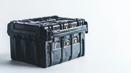 Obraz premium A black car battery photographed on a white background, with focus on its sturdy build