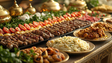 Fototapeta premium Middle Eastern feast with kebabs, rice, and various dishes on a decorated table