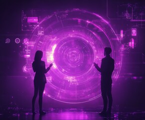 Silhouetted colleagues collaborate on futuristic interface