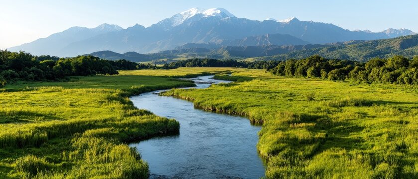 A river flowing through green meadows in the pahalgam region of kashmir surrounded by lush landscapes