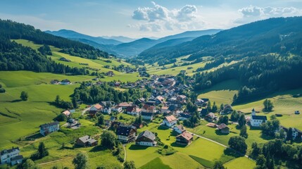 Naklejka premium Aerial View of Picturesque Alpine Village Nestled in Lush Green Valley