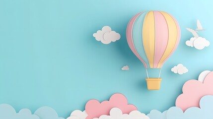 Colorful Hot Air Balloon Floating in a Blue Sky with Paper Clouds
