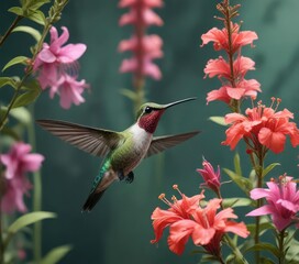 Obraz premium Hummingbird perched on a flower with its tail feathers , green petals, natural scenery , hummingbirds flowers tails feathers