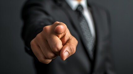 Obraz premium Business professional pointing assertively while wearing a formal suit against a dark background