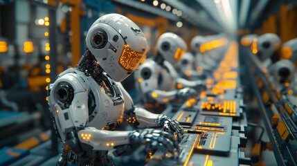 Fototapeta premium AI-driven robotic factory workers