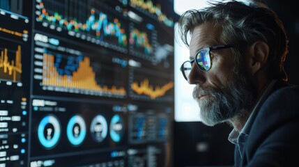 Expert analyzes financial data on advanced digital screens in a modern office setting during the evening hours