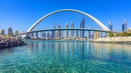 Obraz premium Scenic view of a modern bridge spanning turquoise water with a city skyline in the background