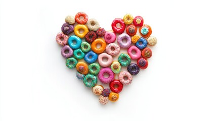 A cheerful heart design made of colorful donuts, highlighting creative flavors and vibrant decorations on a white background.