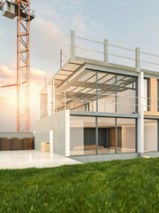 Modern House with Construction Crane and Green Lawn in Sunset Light