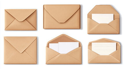 Realistic kraft paper envelope set in different positions and states - closed, opened, containing white blank paper sheet or card. Postal mailing collection in various angles for commercial mockup.