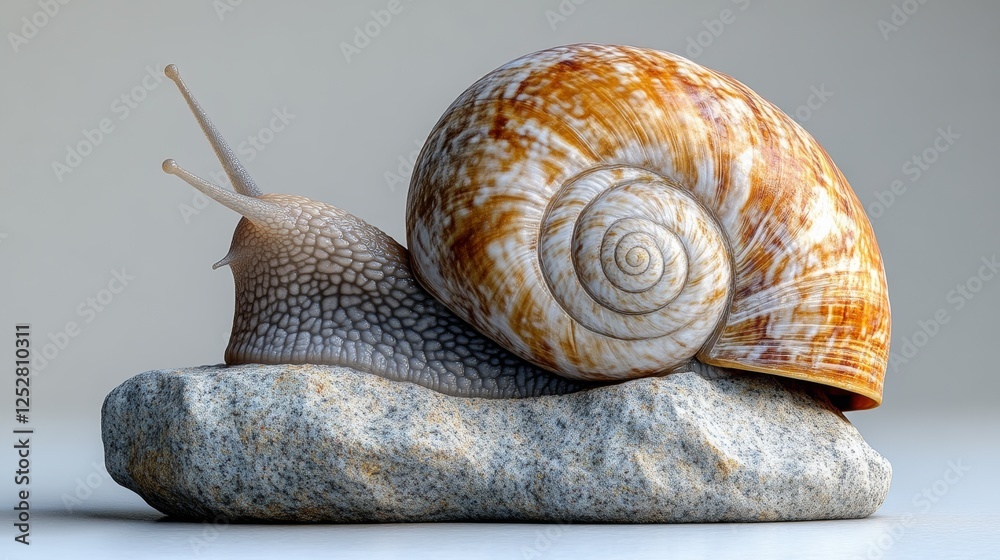 Poster snail on a rock with detailed shell texture, nature close-up concept