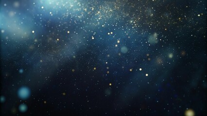 Obraz premium Abstract blue and gold glitter lights shimmer against a black background, creating a de-focused, enchanting banner effect.