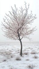 Fototapeta premium Single Tree Covered In Frost On Snowy Field