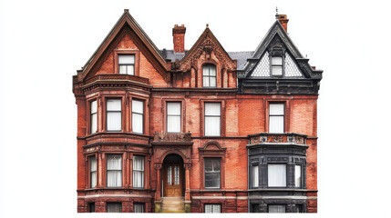 Fototapeta premium Urban retro colonial style building cartoon vector illustration. Old red brick residential and government buildings, Victorian houses isolated on white background