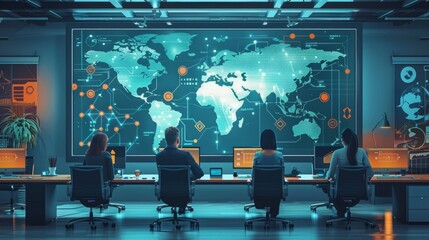 Team analyzes global data in a modern office setting during evening hours