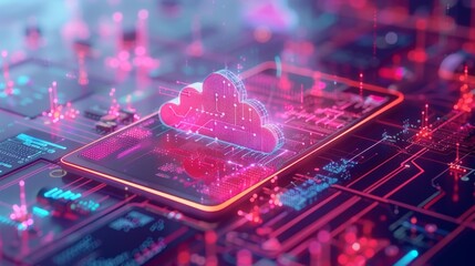 Digital cloud computing concept with vibrant neon colors and data circuitry, illustrating modern technology and innovation