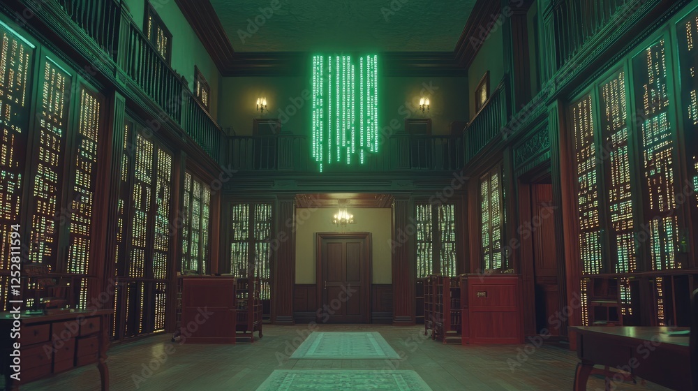 Poster a high-tech ai database infused with glowing binary code versus an old-fashioned study room.