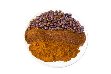 Coffee beans, seeds and roasted coffee for espresso, cappuccino and americano