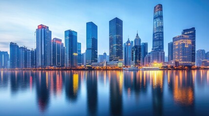 Fototapeta premium A high-tech city with ultra-modern skyscrapers reflecting digital lights in a cyber-futuristic skyline.