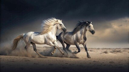 Fototapeta premium two galloping horses with long manes kick up dust as they run through a desert landscape. 