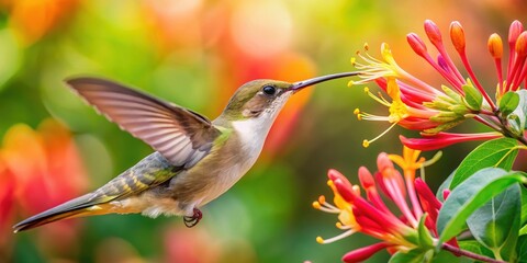 Fototapeta premium Beautiful hummingbird sipping nectar from vibrant honeysuckle flower in a garden , hummingbird, bird, wildlife, nature