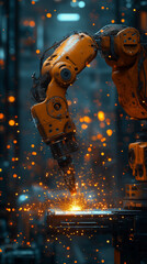 Futuristic robotic arms welding metal parts with precision sparks flying