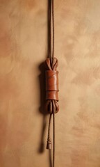 Leather cord tied to a wooden stud on a piece of embossed brown paper background, twine, pendant, wood