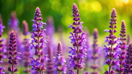 Naklejka premium Flowering meadow sage with vibrant purple blooms against a blurred green background, meadow sage, purple blooms, flowers