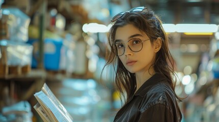 Young woman with glasses reading a book in a vibrant bookstore filled with various items