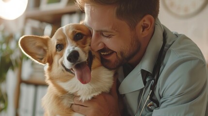 Veterinarian enjoying a joyful moment with a corgi in a cozy clinic setting during afternoon hours