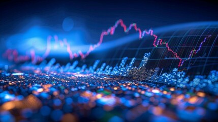 Abstract representation of financial trends over a digital cityscape at night with glowing lights and dynamic graphs