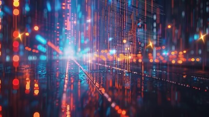 Colorful light trails create a vivid digital landscape on a rainy night in an urban setting