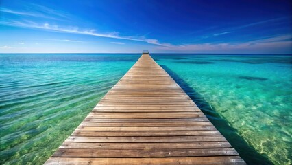 Obraz premium Wooden pontile extending into clear blue ocean under bright sky, wooden pontile, ocean, clear sky, sunny, tranquil, peaceful