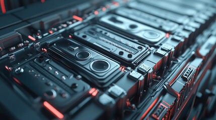A close-up view of electric car batteries, showing large rectangular battery cells arranged in rows with metallic connectors.