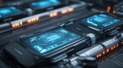 Obraz premium A concept art of advanced electric car battery cells with holographic displays showing charge levels.