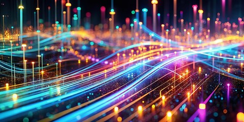 Fototapeta premium Abstract Digital Data Stream: Glowing Lines and Numbers in Tilt-Shift Miniature