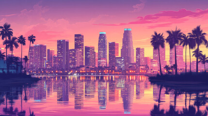Sunset city skyline architecture near the bay waterfront. Modern megalopolis with palm trees, skyscrapers reflecting in water surface under pink sky panoramic background, Cartoon vector illustration