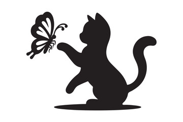 Cat playing with a butterfly icon silhouette on white background. (1)