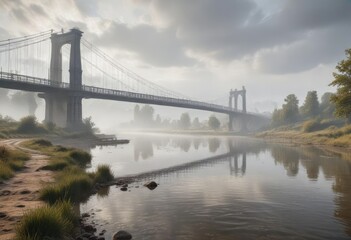Obraz premium Misty Elbe River landscape with a bridge in the foreground , trees, nature scenery, misty elbe bridge