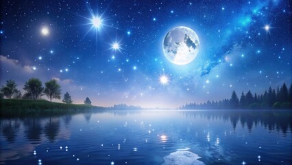 Fototapeta premium Serene night landscape with twinkling stars and a full moon shining brightly , night, landscape, stars, full moon