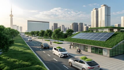 Obraz premium Futuristic Urban Landscape with Solar Panels and Modern Architecture