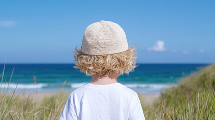 Fototapeta premium Young curly-haired child wearing a cap looks out at the blue ocean from grassy sand dunes on a sunny day.