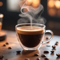 A coffee in transparent glass cup with steam showing an aromatic note.
